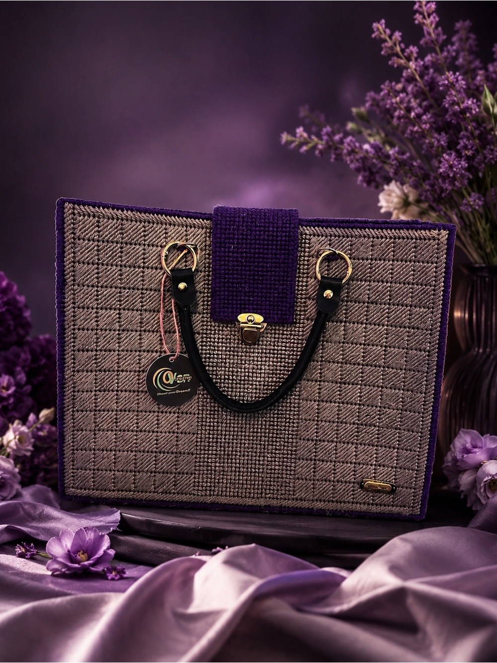 Others Follow Purple-Trim Gray Woven Tote